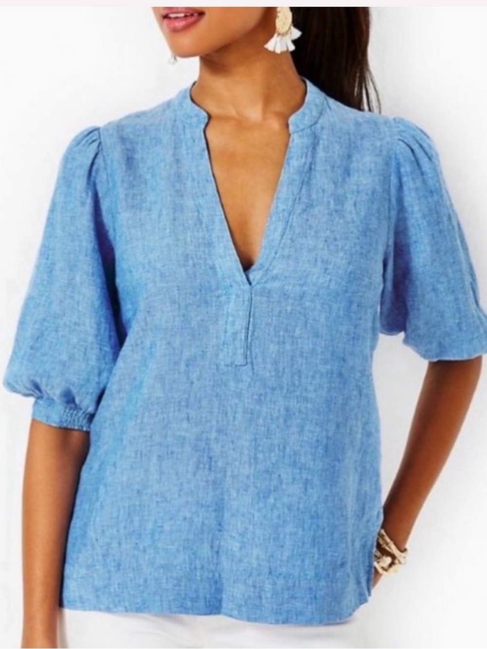 Lilly Pulitzer Mialeigh Elbow Sleeve Linen Top Beckon Blue Sea Salt